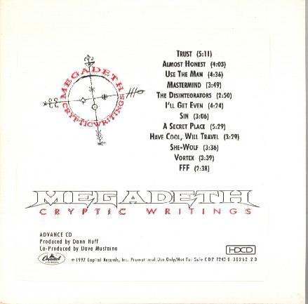 Megadeth Cryptic Writings US Promo CD in Card Sleeve